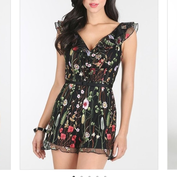 Nikibiki l Floral Embroidered Ruffle V-Neck Romper - Picture 2 of 4